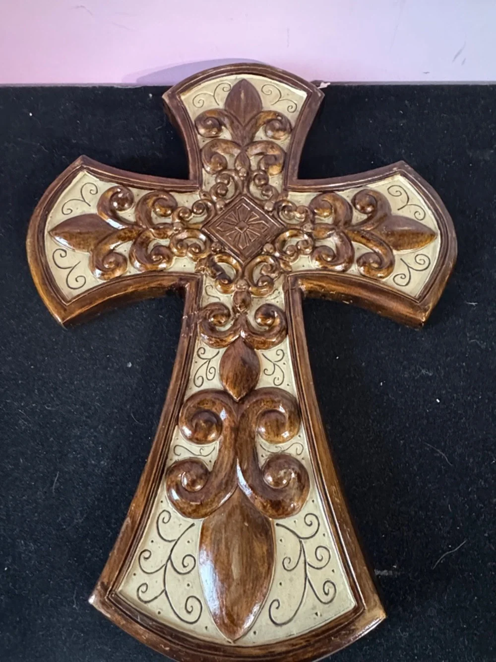 Ornate Decorative Wall Cross in Brown and Cream